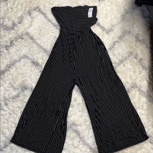 American Eagle Outfitters Black Strapless Pinstripe Wide-Leg Jumpsuit